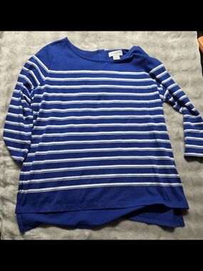 Liz Claiborne Blue and White Striped Boatneck Top. PXL